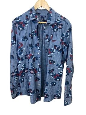 GAP Classic Fit Blue Navy and Burgundy Floral Long Sleeve Button-Up Shirt
